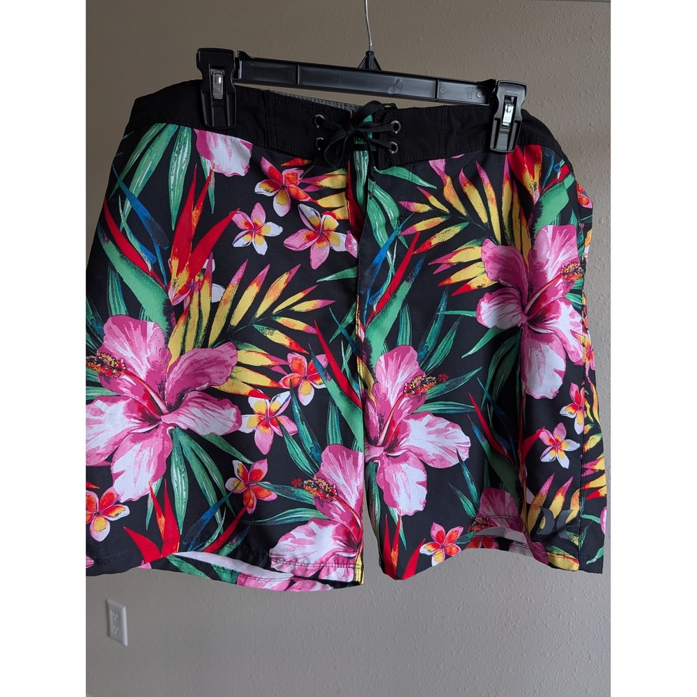 Hurley Mens Tropical Floral Board Shorts Black Pink Hibiscus Swim Trunks Size 36